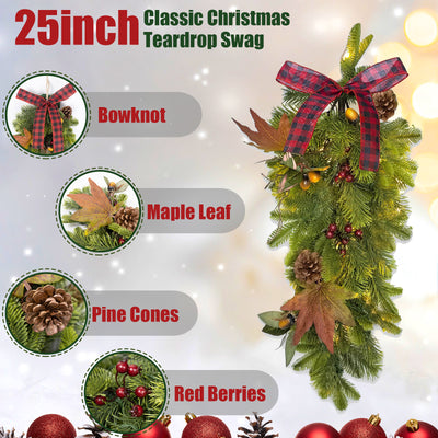 IC ICLOVER Christmas Teardrop Swag, Battery Operated Prelit Christmas Swags with 35 Warm Lights, Christmas Swags for Decorating with Pine Cones Bowknot Maple Leaf, Used for Front Door Indoor Outdoor