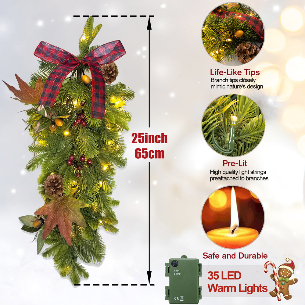 IC ICLOVER Christmas Teardrop Swag, Battery Operated Prelit Christmas Swags with 35 Warm Lights, Christmas Swags for Decorating with Pine Cones Bowknot Maple Leaf, Used for Front Door Indoor Outdoor