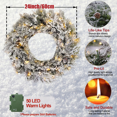 IC ICLOVER Snowy Flocked Christmas Wreath, 24 Inch Prelit Christmas Wreath for Front Door with 50 Warm LED Lights Red Berries Pine Cones, Xmas Christmas Door Decorations for Home Outdoor Indoor