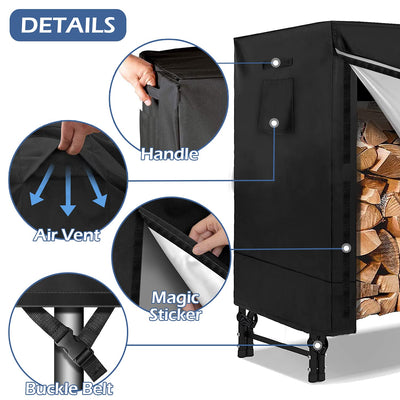 IC ICLOVER 4FT Firewood Log Rack Cover | 420D Heavy Duty Fabric | Outdoor Waterproof Fireplace Logs Holder Covering | Hook Loop Tape | Air Vents All Weather Protection