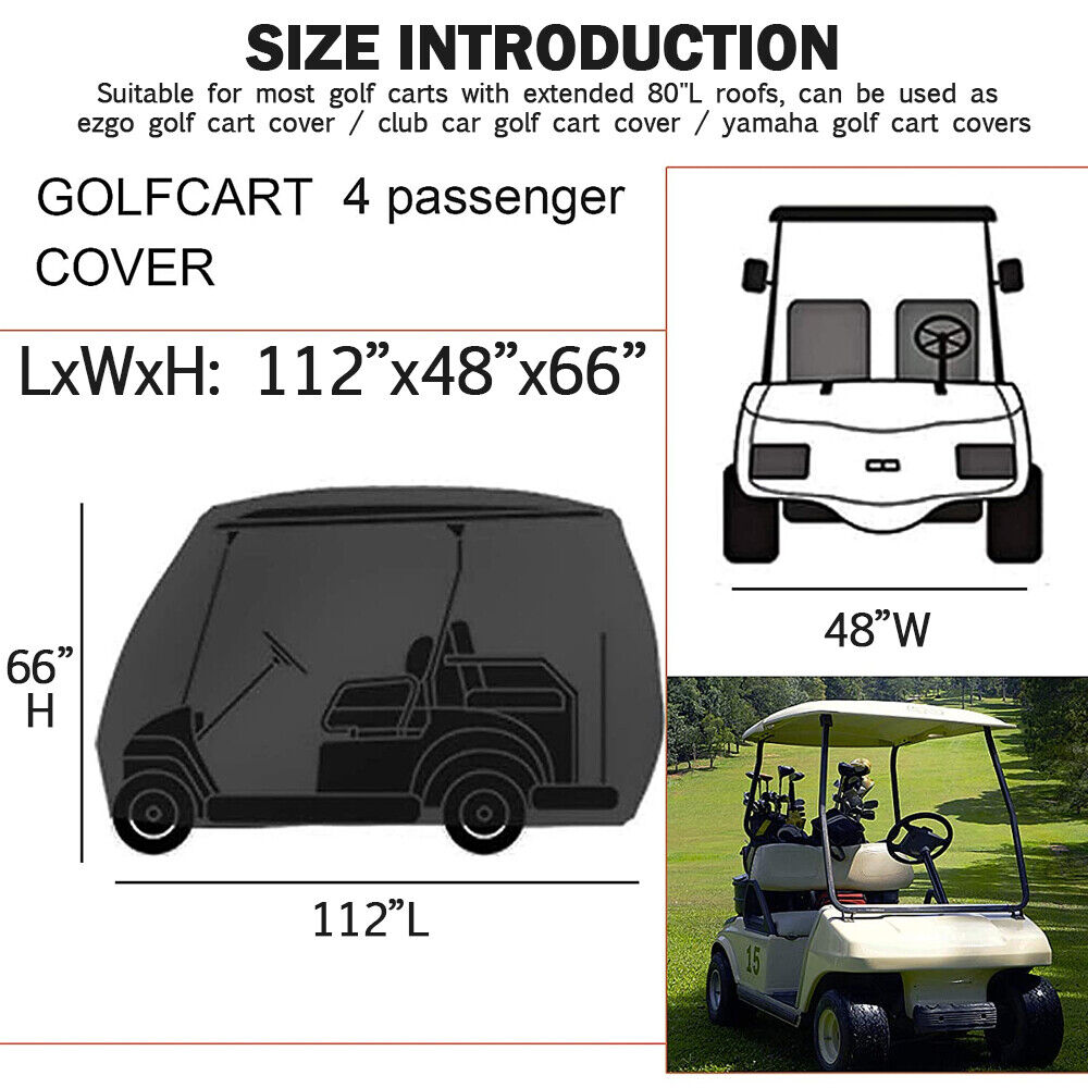 Golf Cart Cover | Waterproof Snowproof Golf Club Cover for 4 Passenger Seat Fit EZ GO | Club Car Precedent | Yamaha Drive Easy-On Golf Carts Cover with Rear Zipper Up to 112 Inch